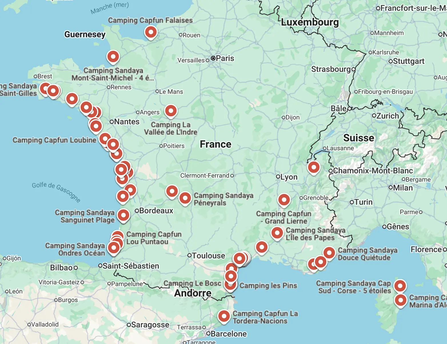 Carte de France des implantations Écran LED Pro – campings et clients partout en France